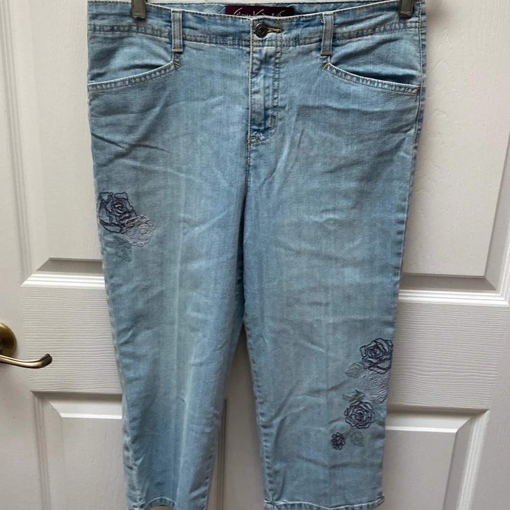 O womens Gloria Vanderbilt casual solid blue petite stretch denim capris 8P